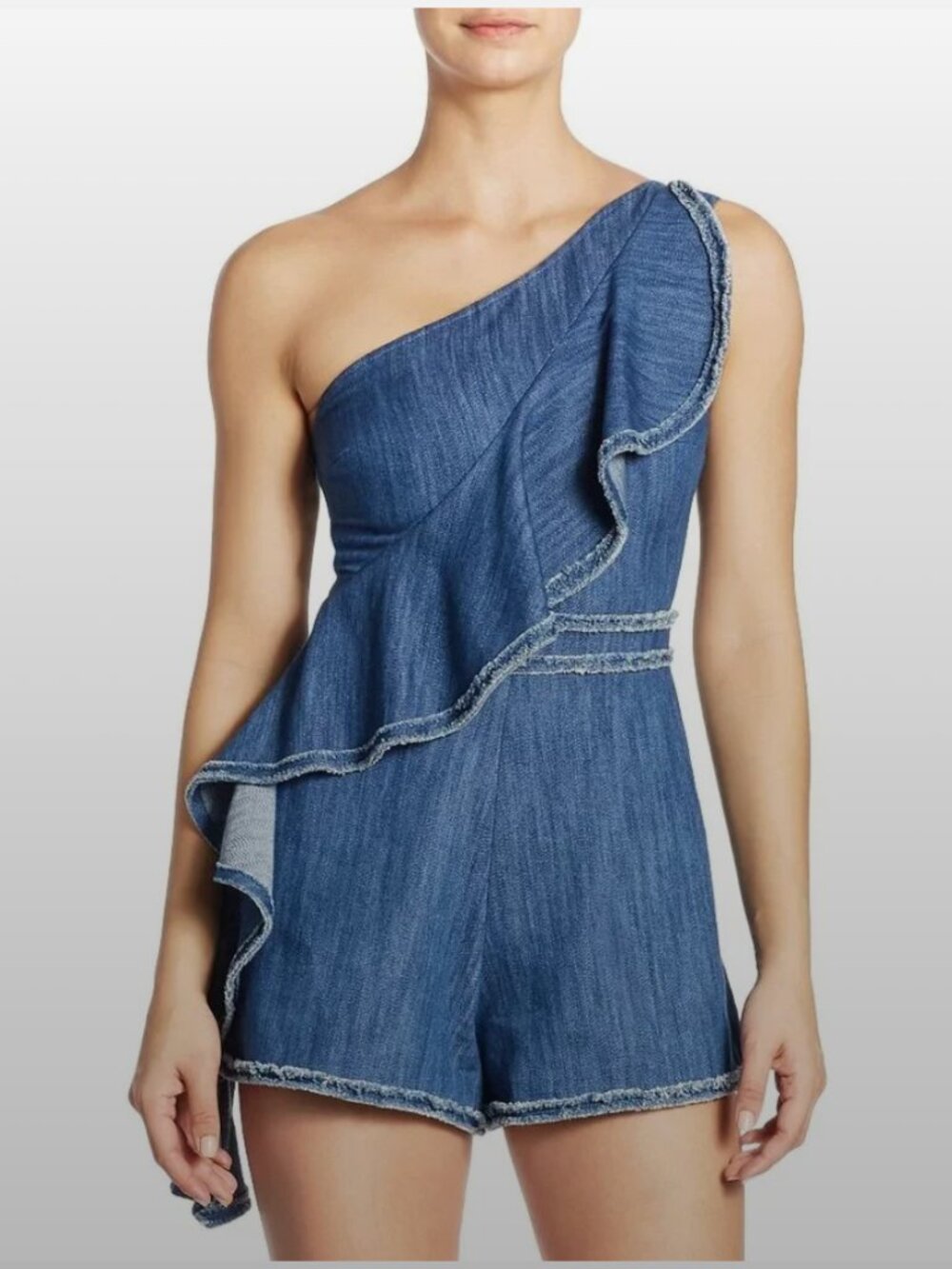 Alexis Blakely One Shoulder Ruffled Denim Blue Romper Small